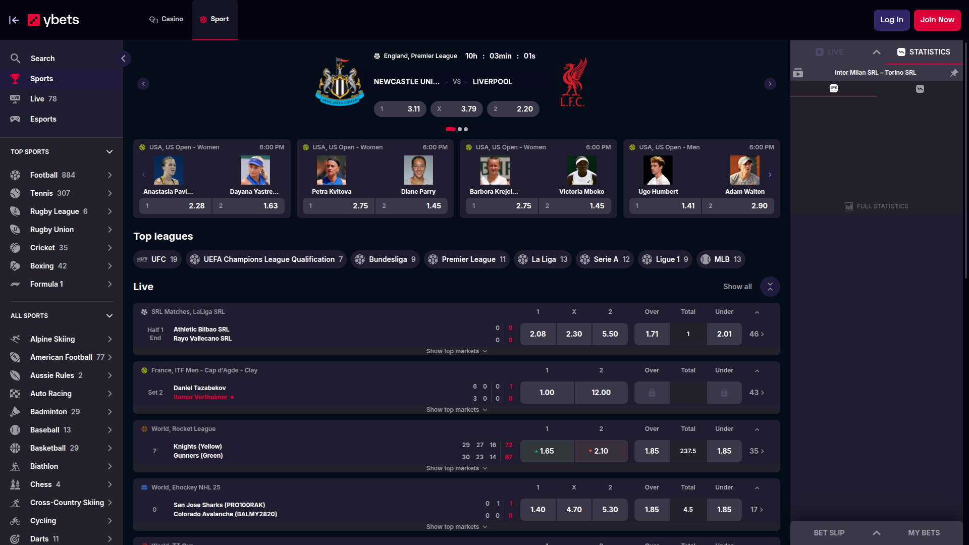 Sport desktop di Ybets Casino