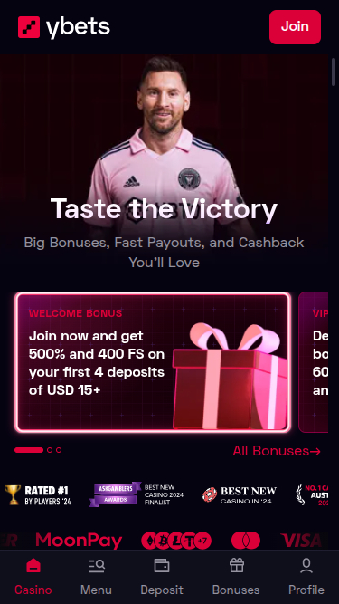 Homepage mobile di Ybets Casino
