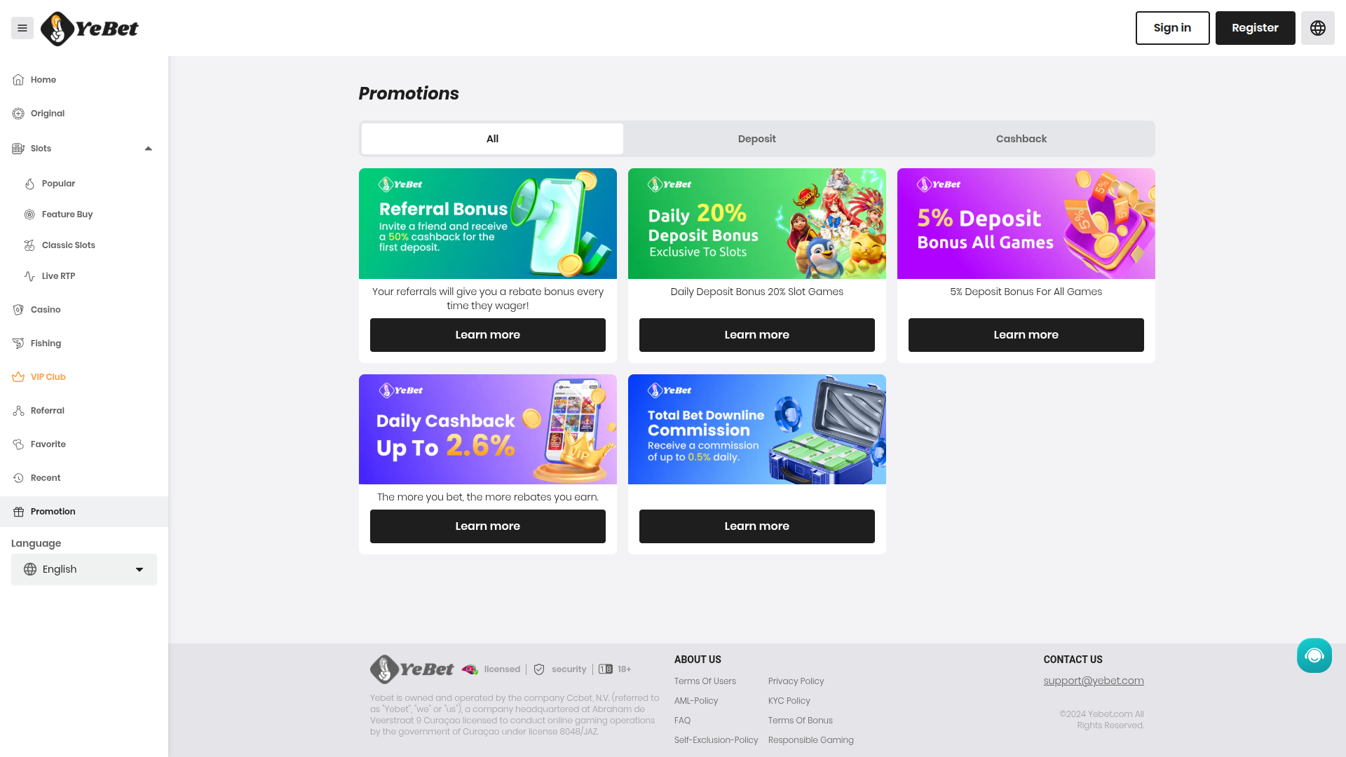 Promotions de bureau de YeBet Casino