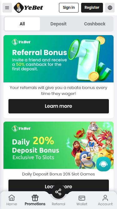 Promotions mobiles de YeBet Casino