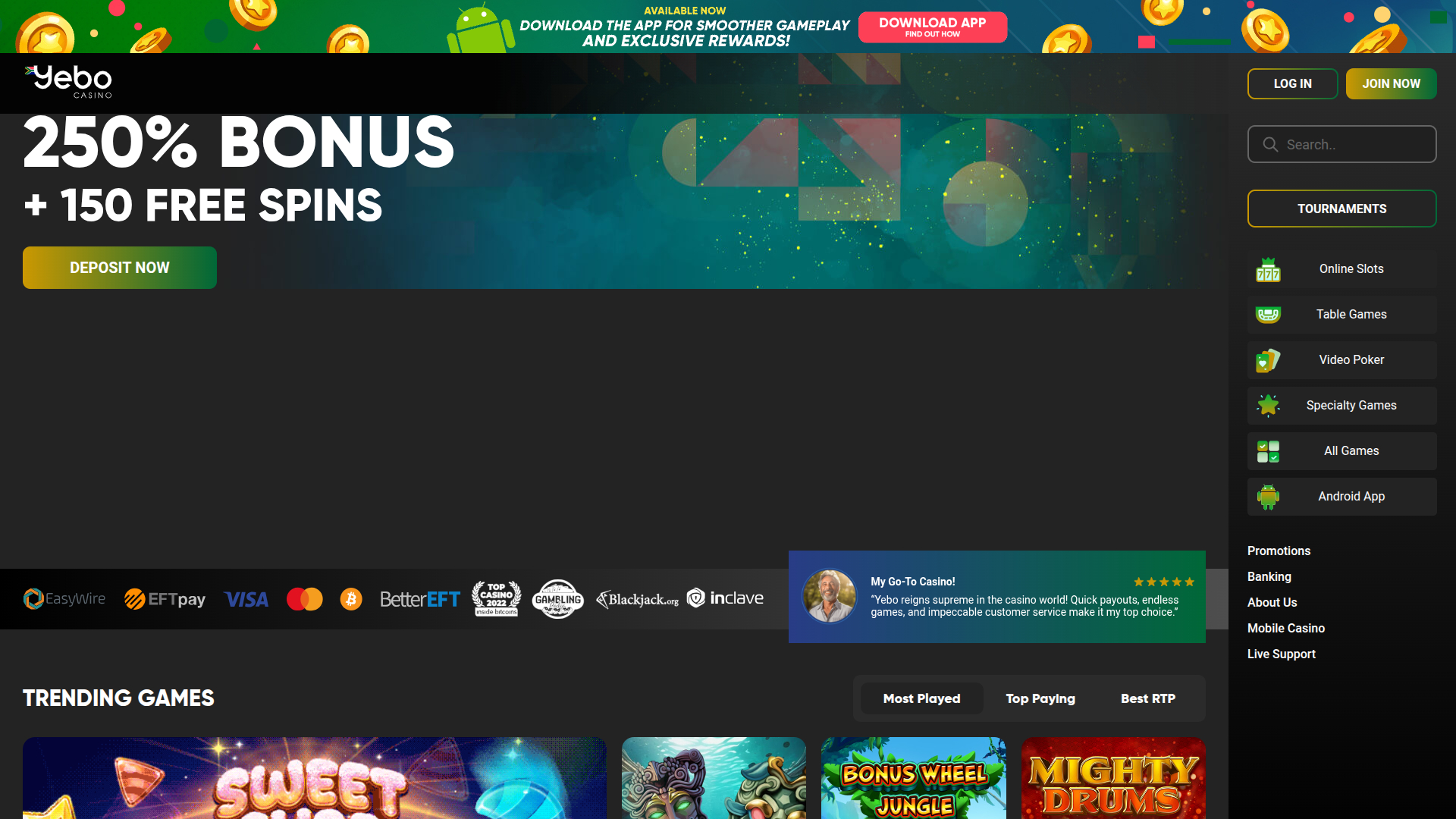Página de inicio de escritorio de Yebo Casino