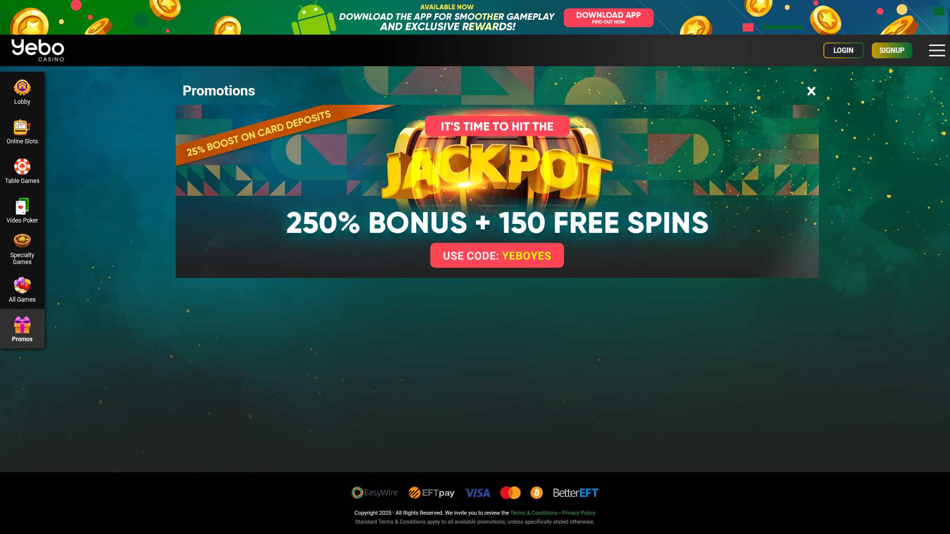 Promociones de escritorio de Yebo Casino