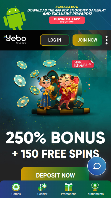 Página de inicio móvil de Yebo Casino