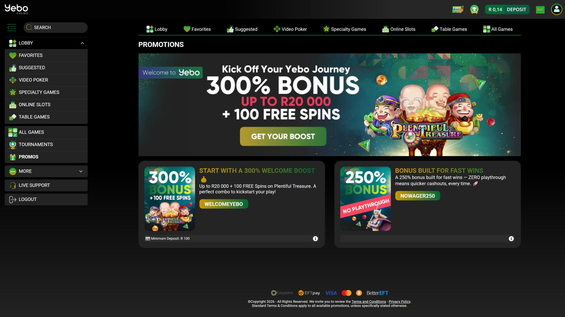 Promotions de bureau de Yebo Casino