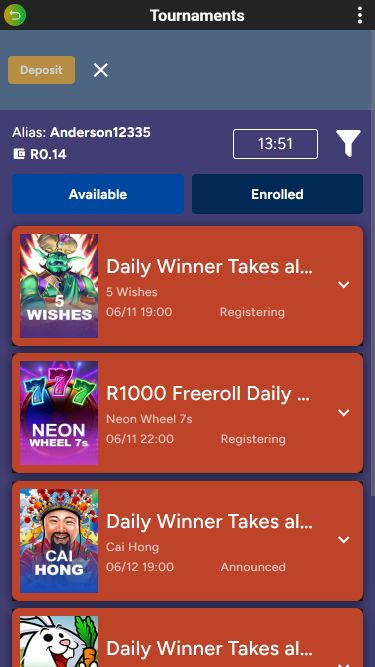 Tournois mobiles du casino Yebo