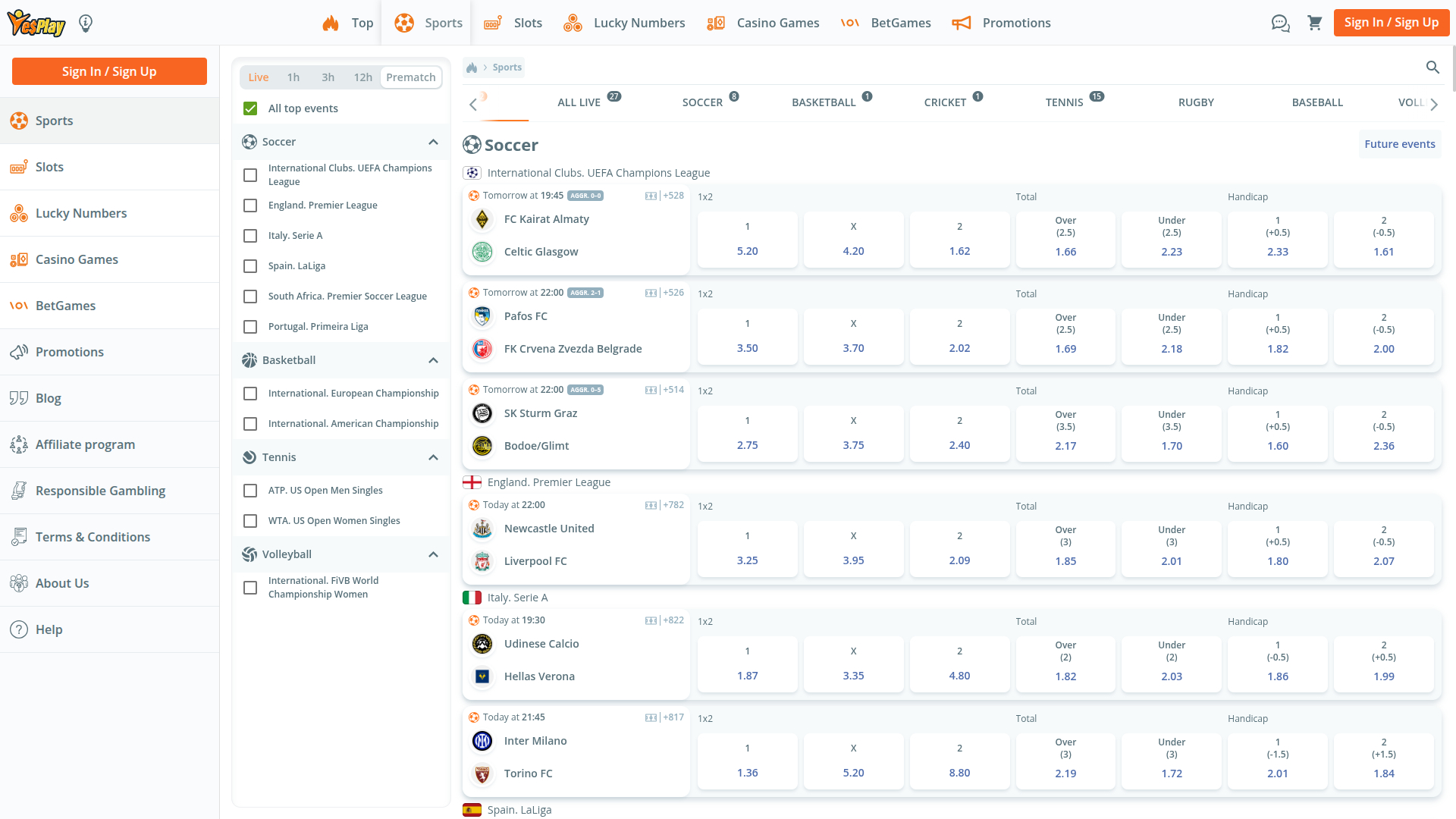 Sports sur ordinateur de YesPlay Casino