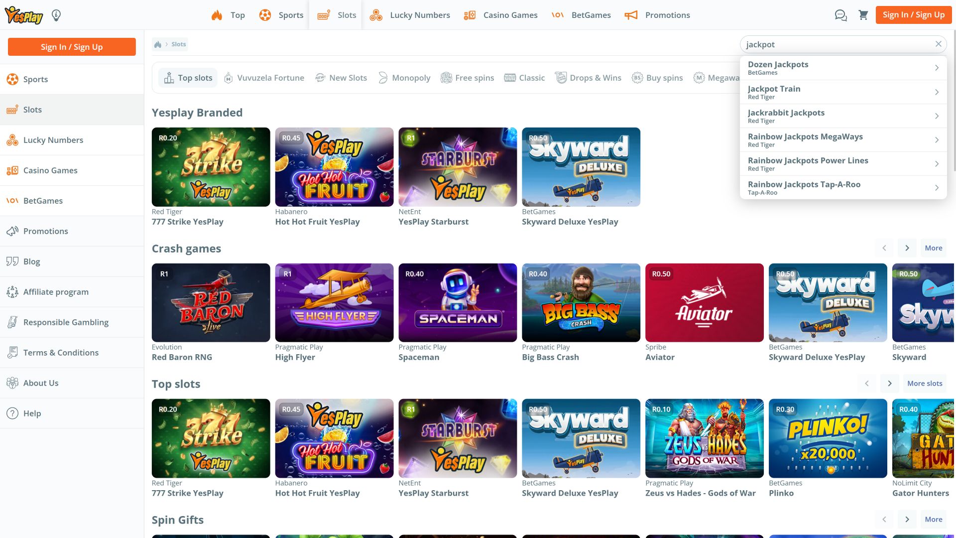 YesPlay Casino Desktop Jackpot