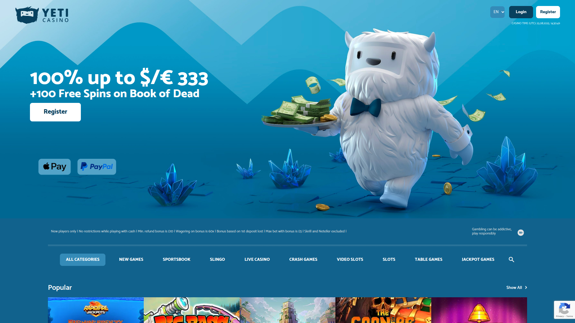 Yeti Casino Desktop-Startseite