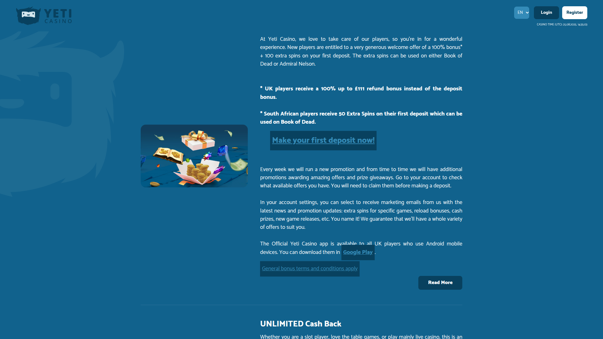 Yeti Casino Desktop-Aktionen