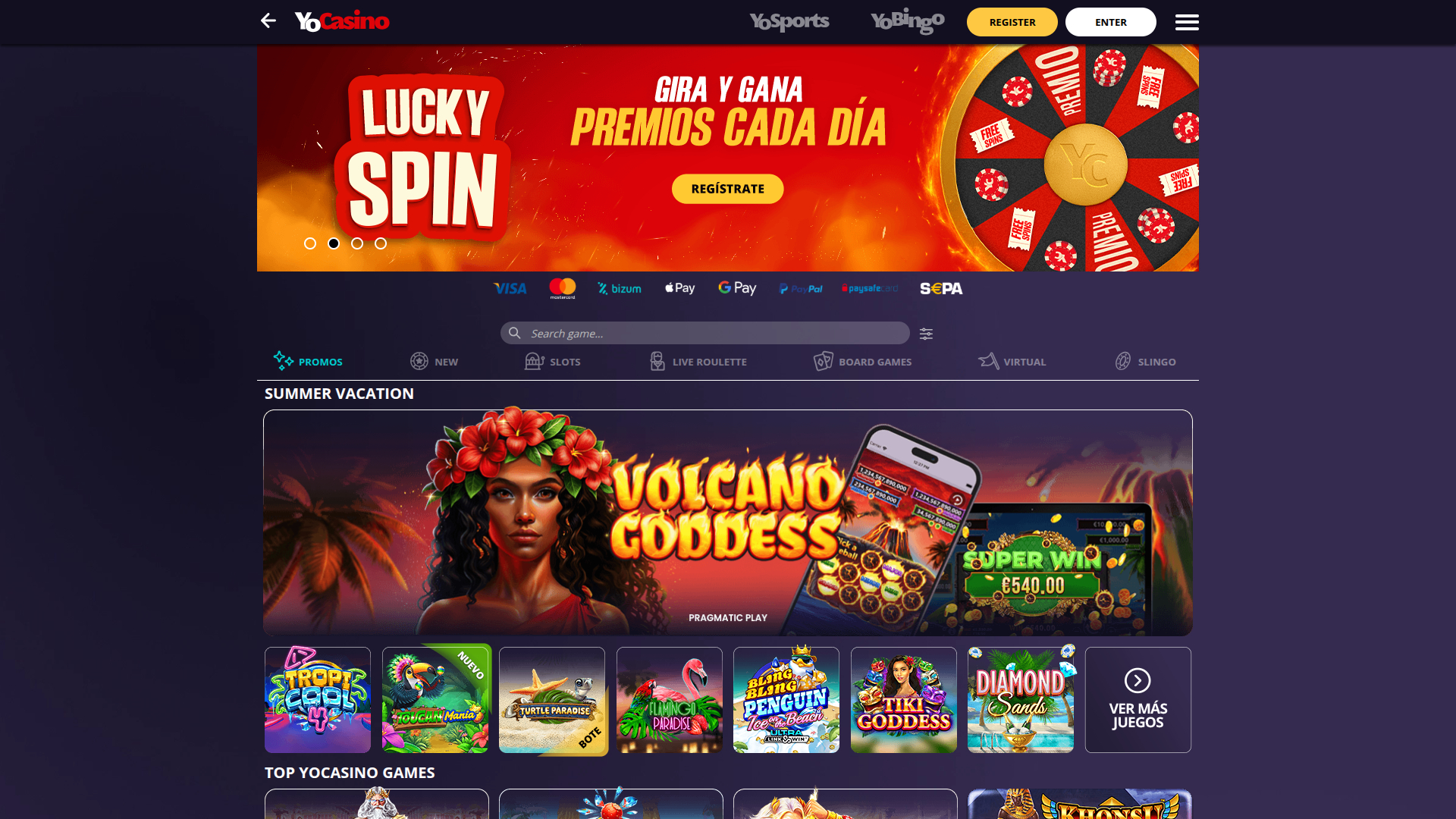 Página de inicio de escritorio de Yo Casino