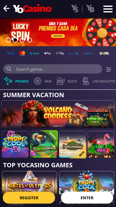 Página de inicio móvil de Yo Casino