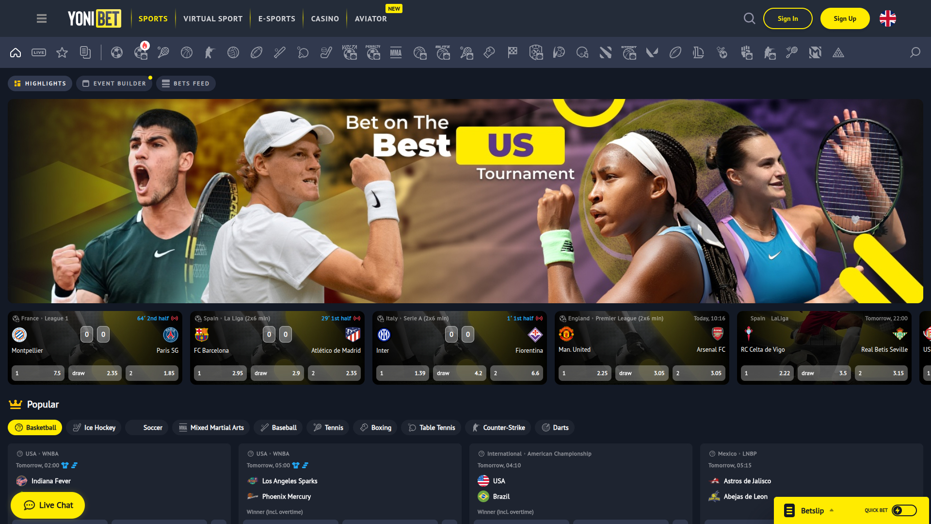 Ставки на спорт YoniBet Casino на компьютере