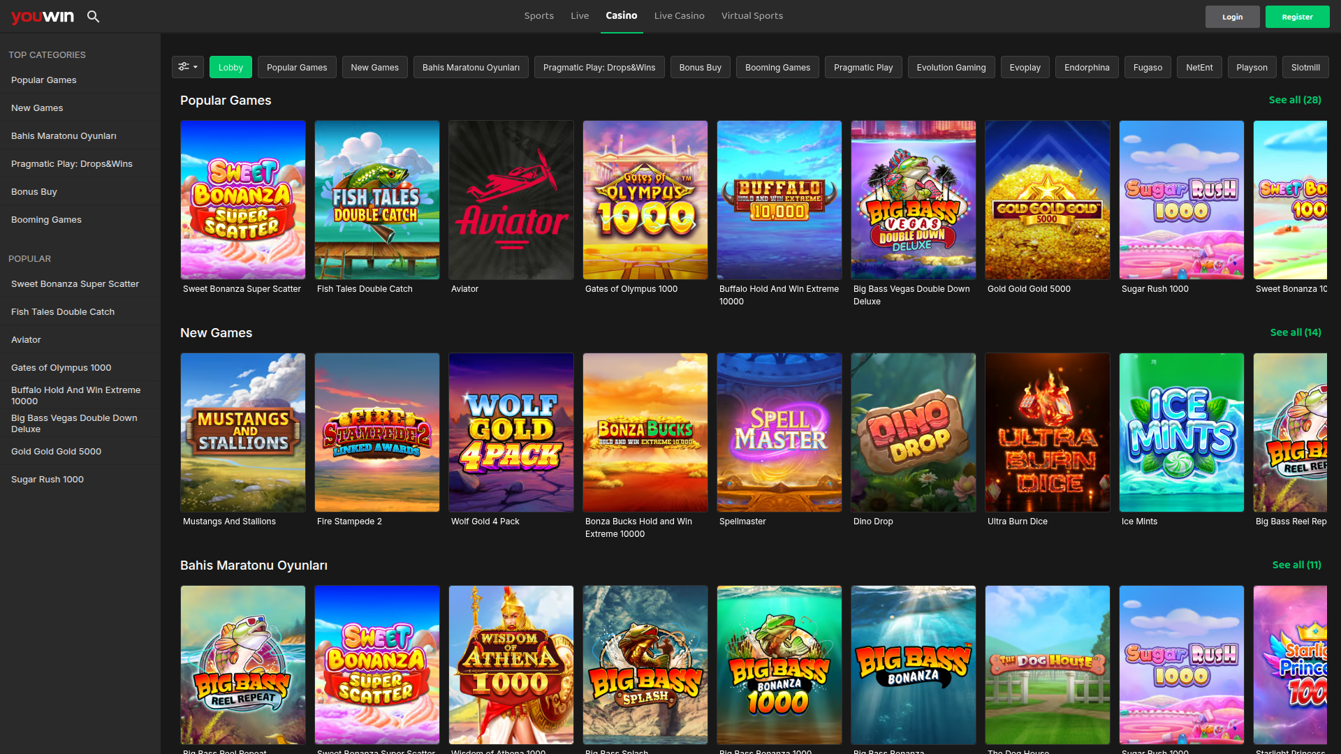 Page d'accueil de bureau de YouWin Casino