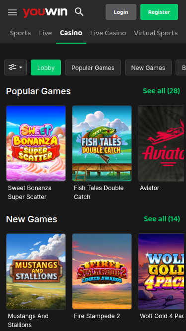 Page d'accueil mobile de YouWin Casino