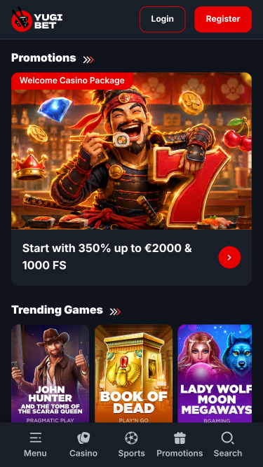 Page d'accueil mobile de Yugibet