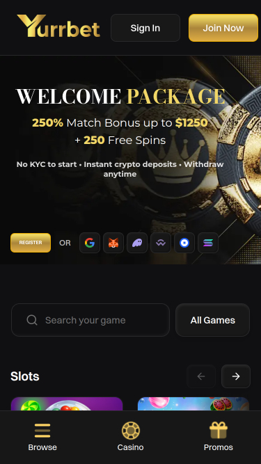 Page d'accueil mobile du casino Yurrbet