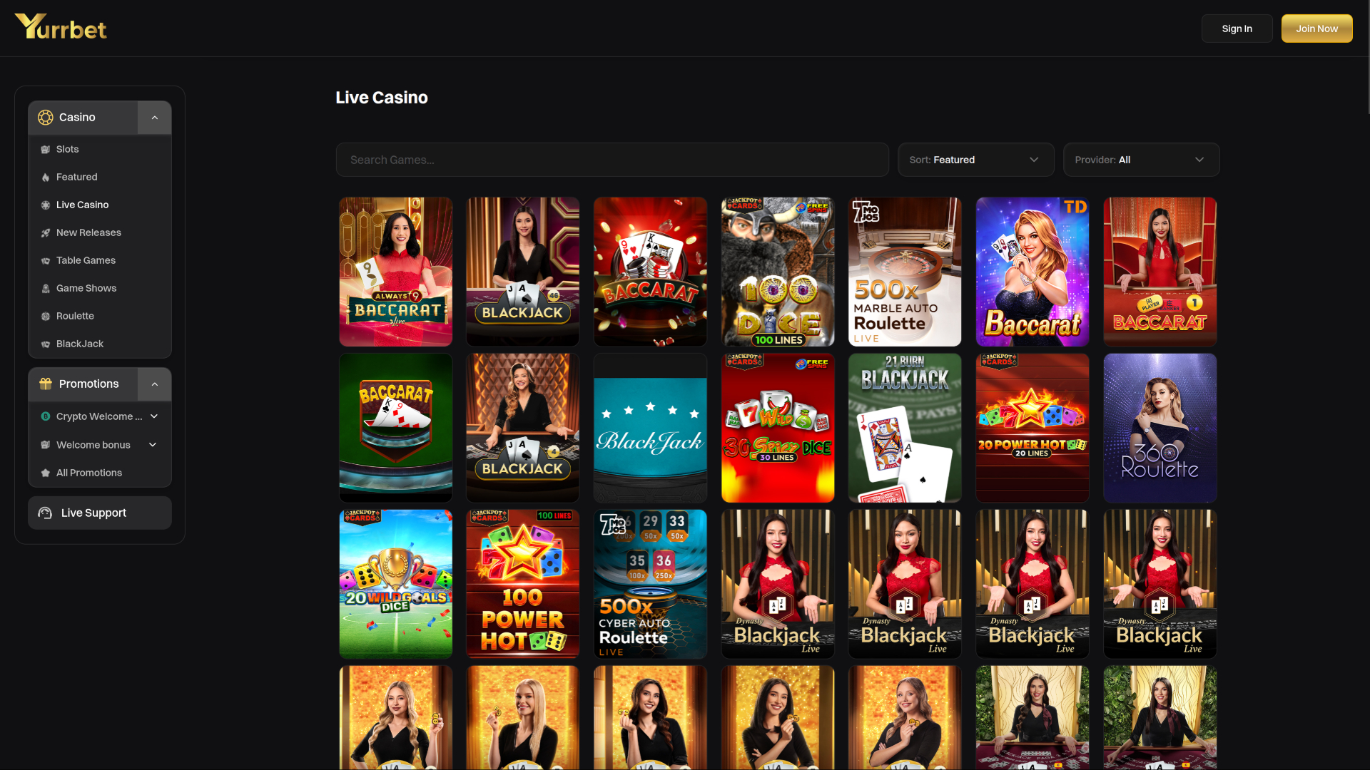 Casino Yurrbet pour ordinateur avec croupier en direct