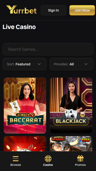Casino mobile Yurrbet avec croupier en direct