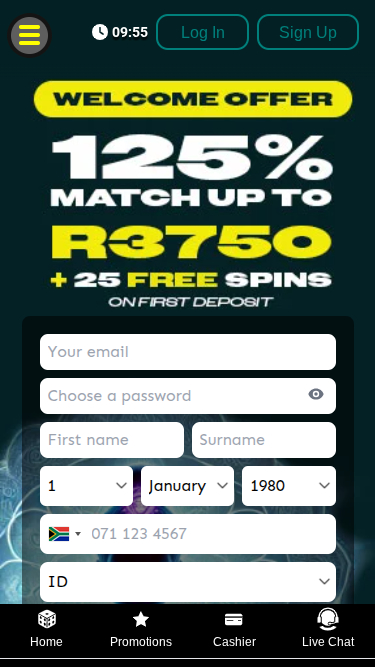 Página de inicio móvil de Zar Casino