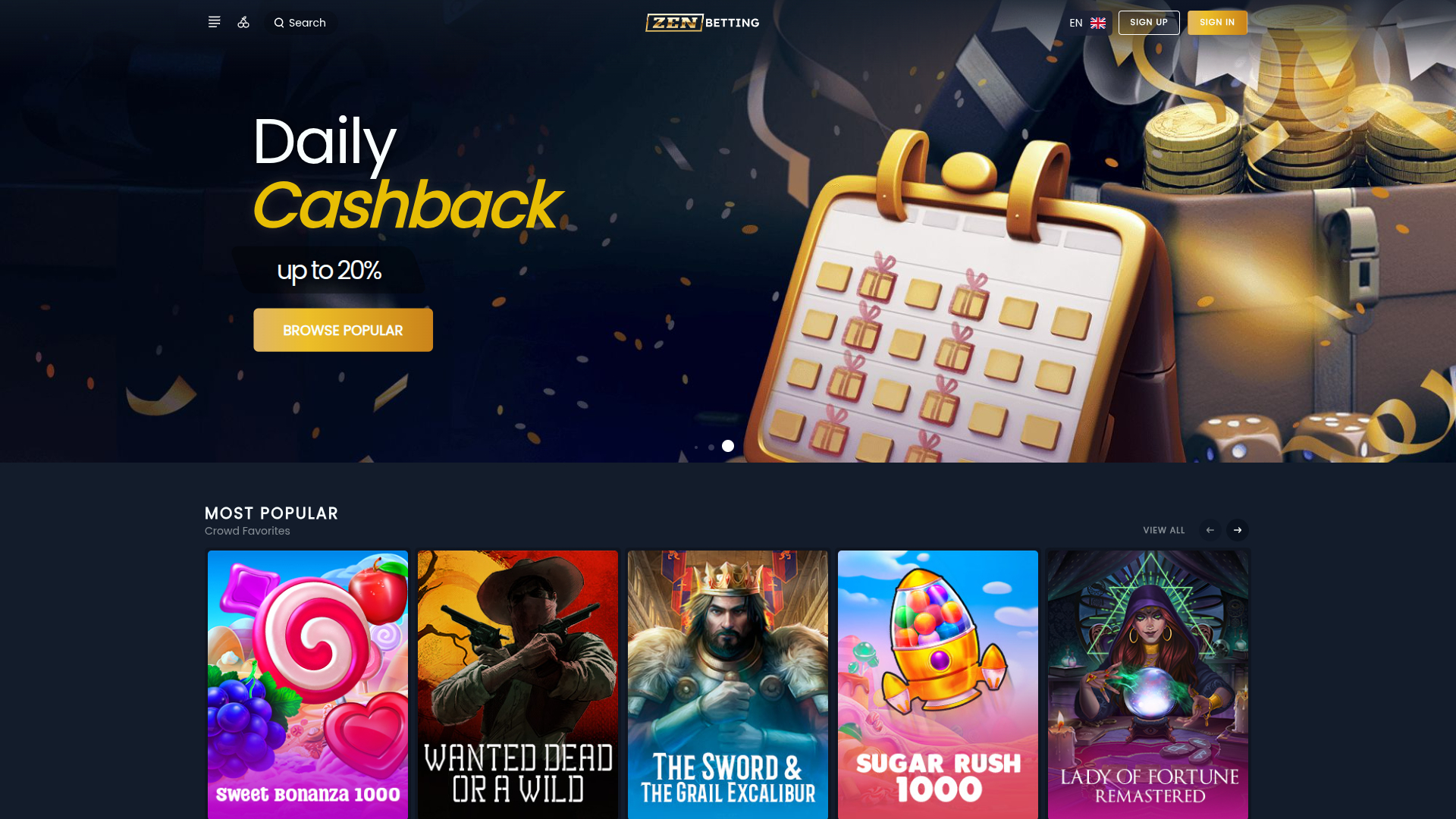 Page d'accueil de bureau de ZenBetting Casino