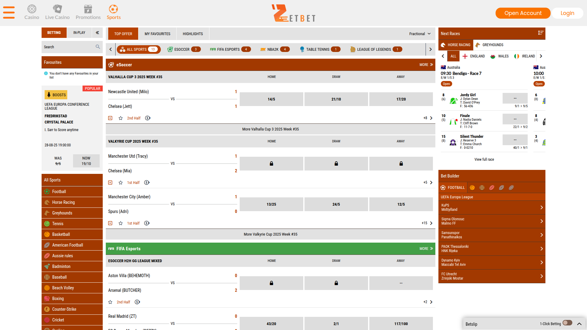 Sports sur bureau de Zet Bet Casino