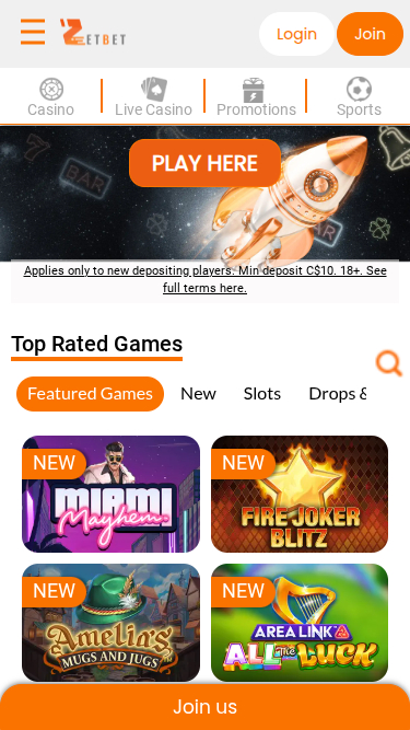 Page d'accueil mobile de Zet Bet Casino