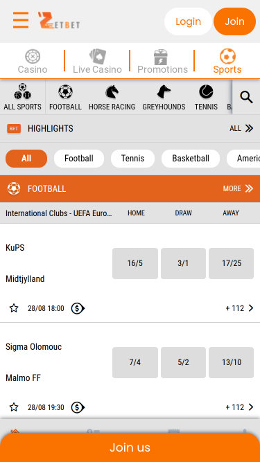 Sports mobiles de Zet Bet Casino