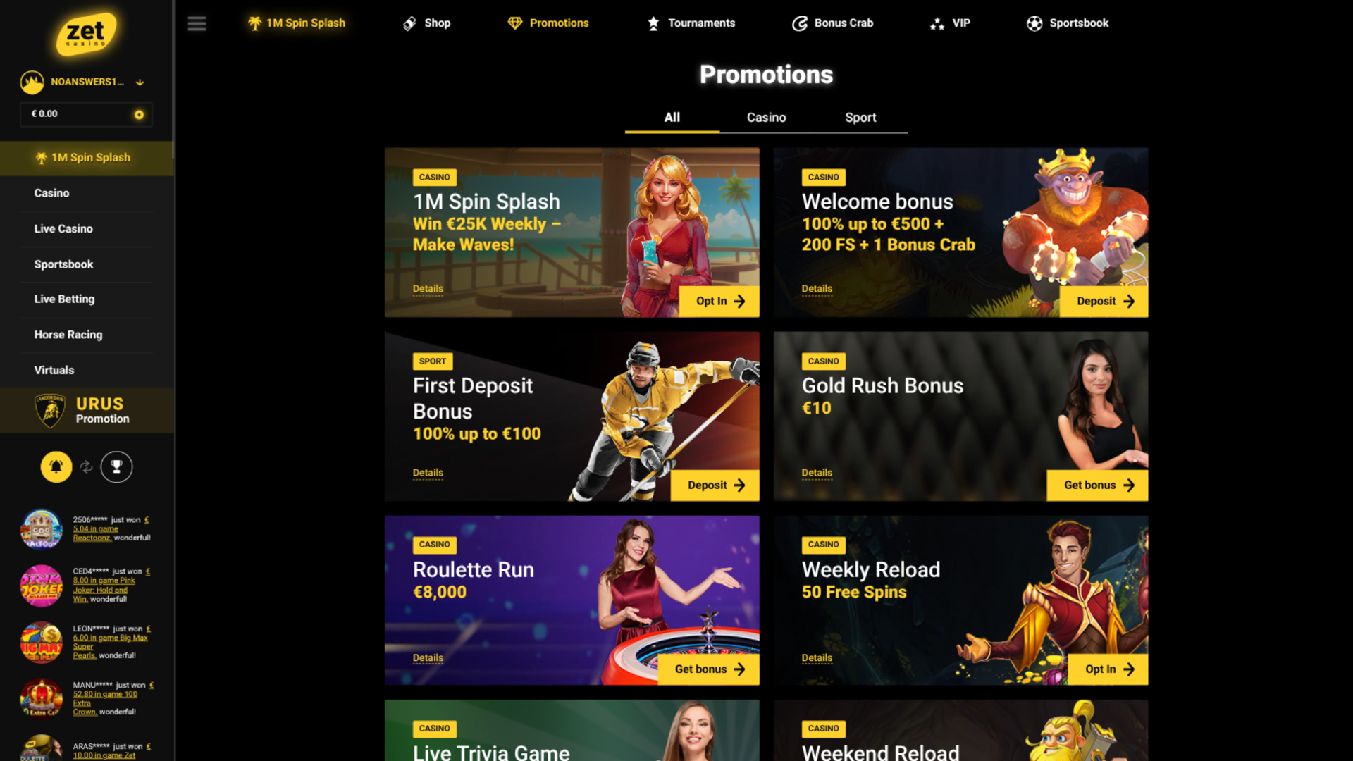 Promotions de Zet Casino sur ordinateur