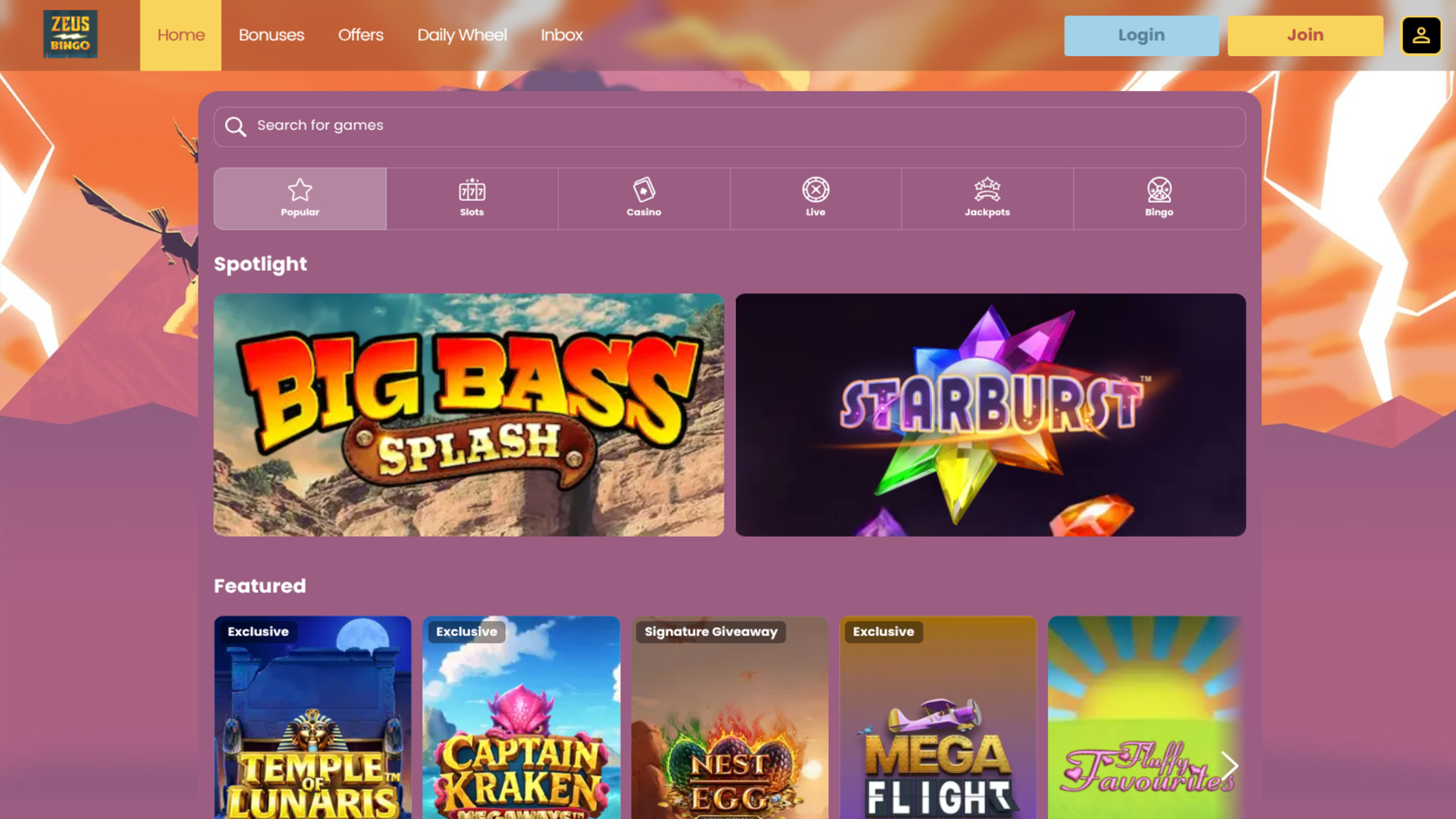 Zeus Bingo Casino Desktop Games