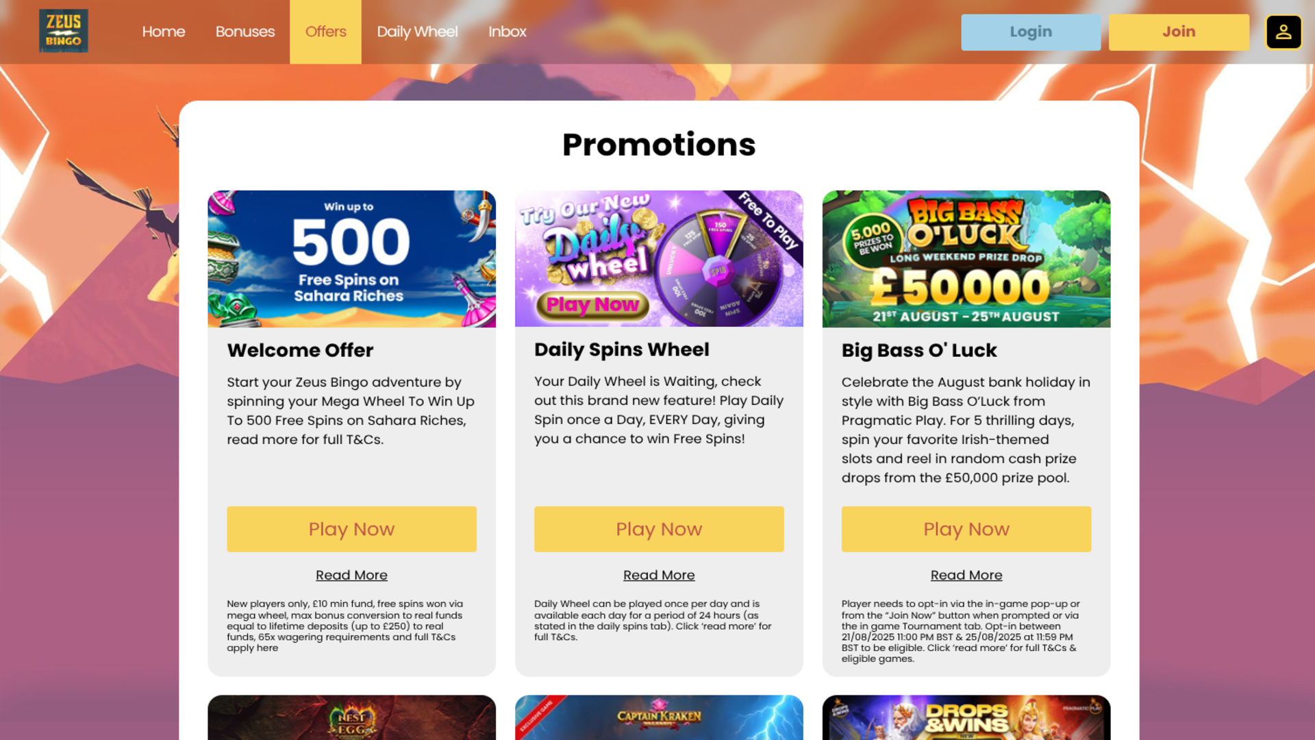 Zeus Bingo Casino Desktop Promotions