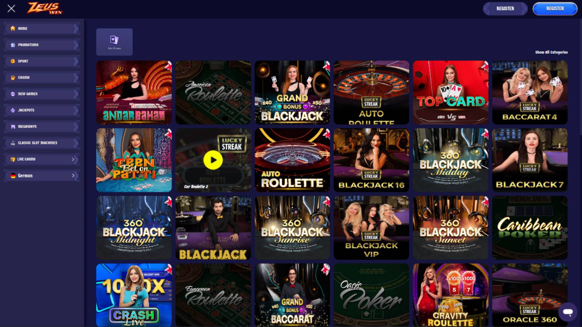 Capture d'écran de la page des jeux en direct du casino ZeusWin