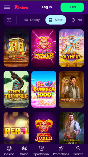 Jeux mobiles de Zinkra Casino