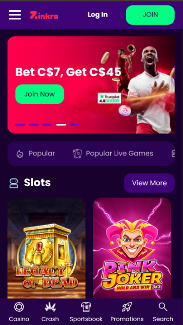 Page d’accueil mobile de Zinkra Casino