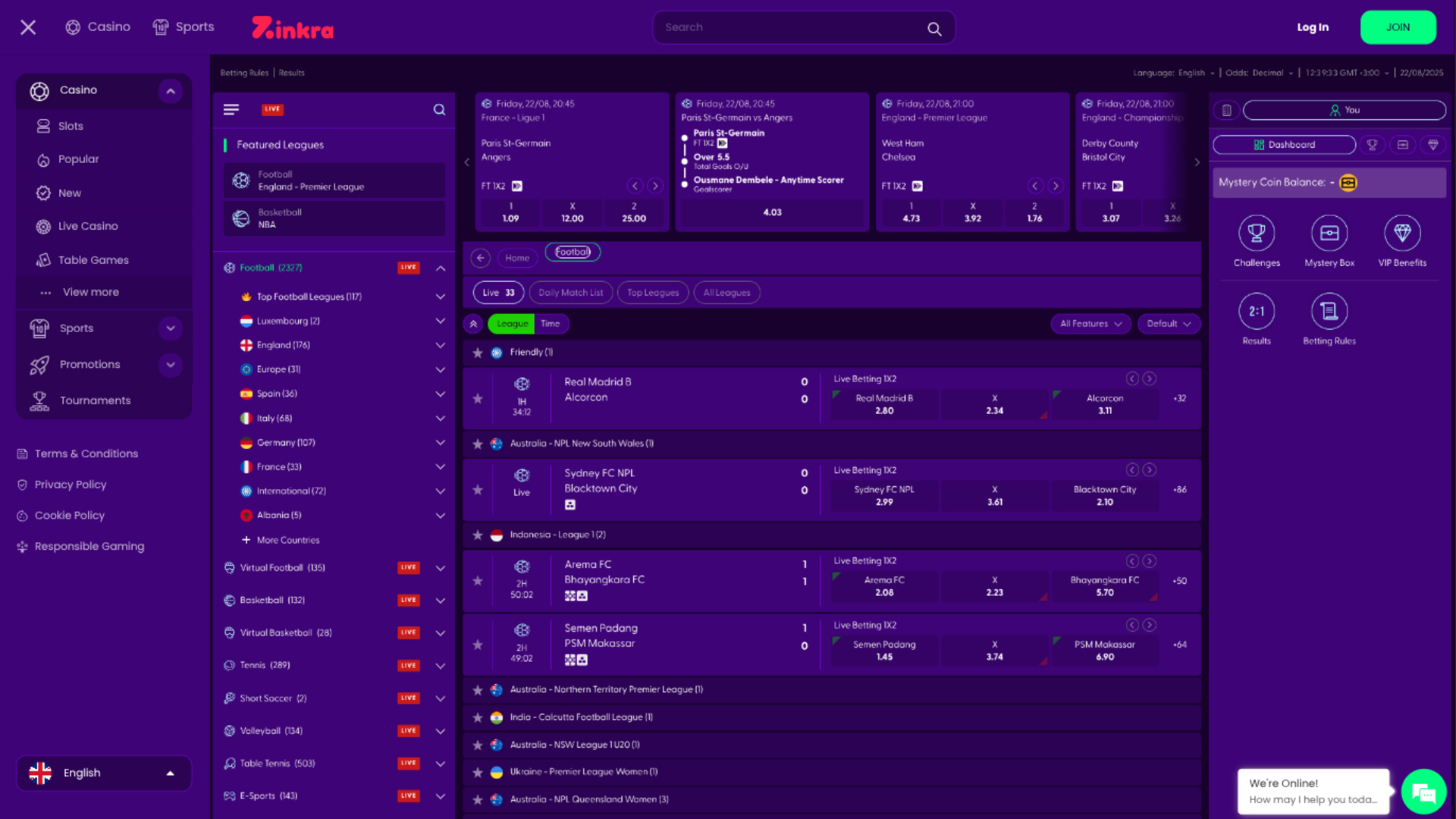 Sports de Zinkra Casino sur ordinateur