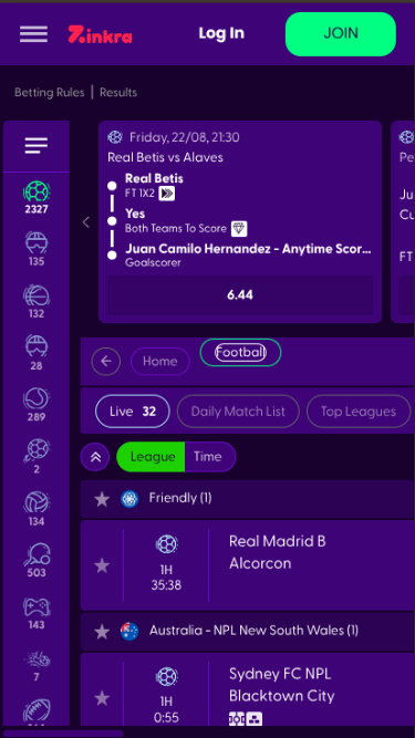 Sports mobiles de Zinkra Casino