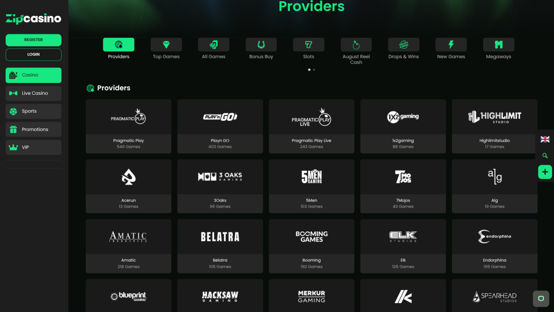 Sviluppatori di giochi di Zip Casino su desktop