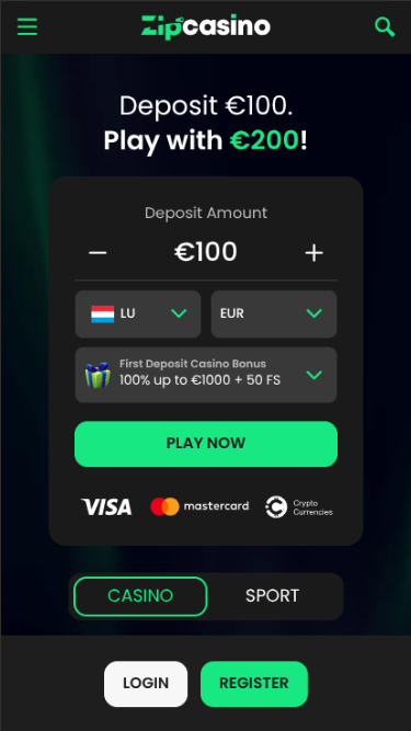 Pagina iniziale di Zip Casino su mobile