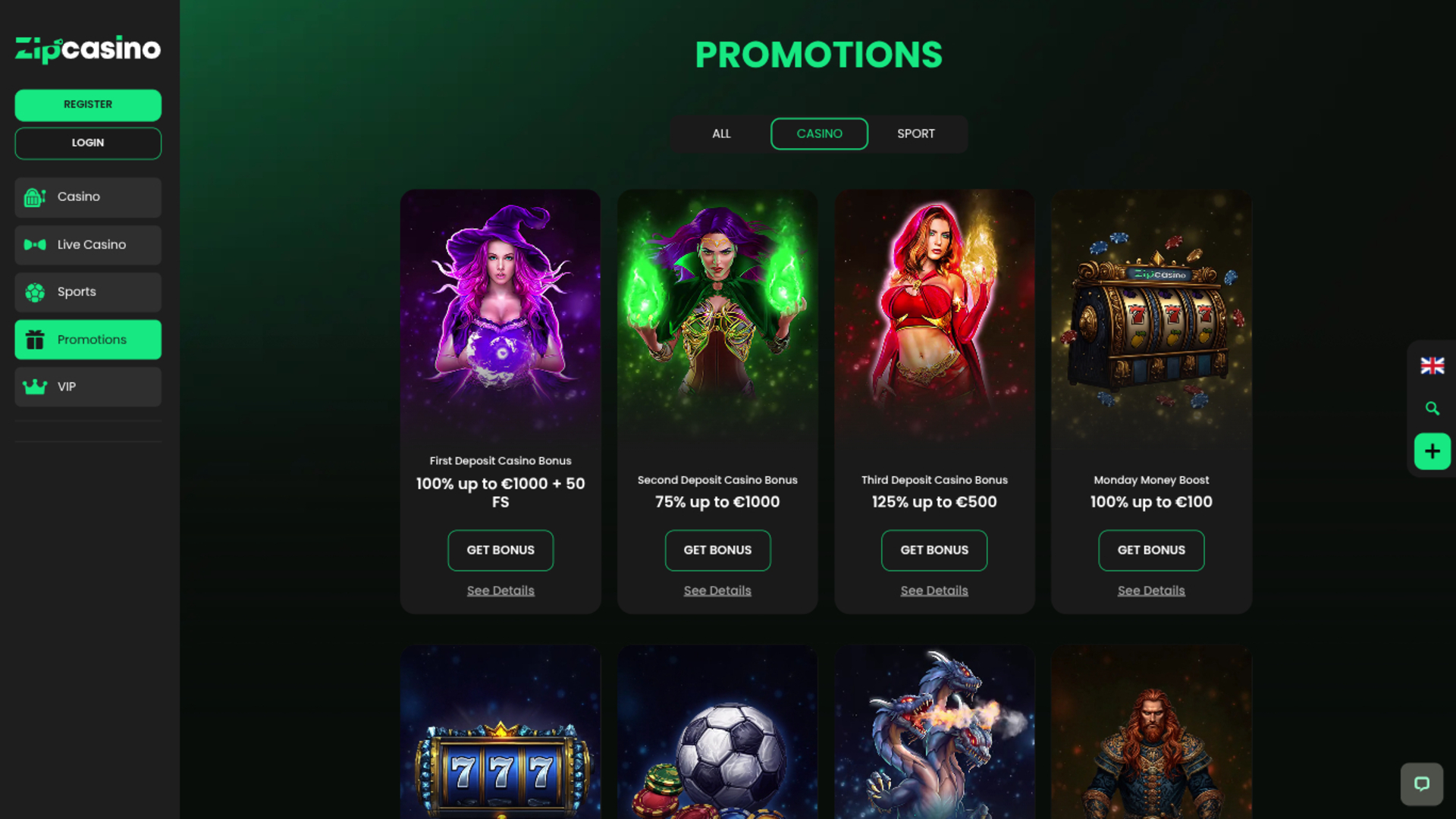 Promozioni di Zip Casino su desktop