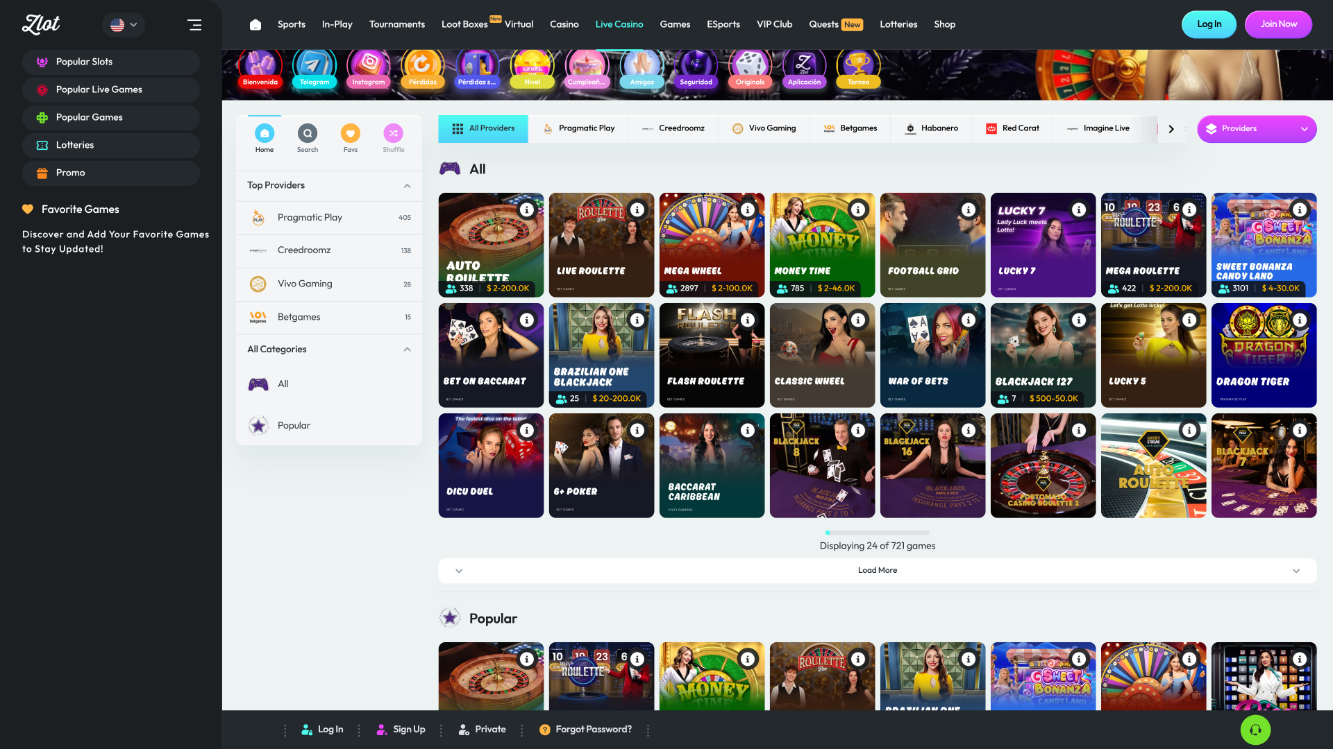 Casino Zlot pour ordinateur avec croupier en direct