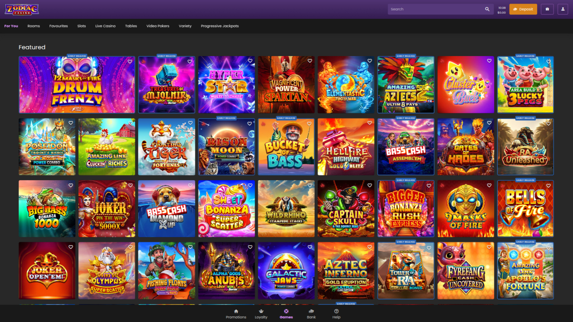 Zodiac Casino Desktop Homepage