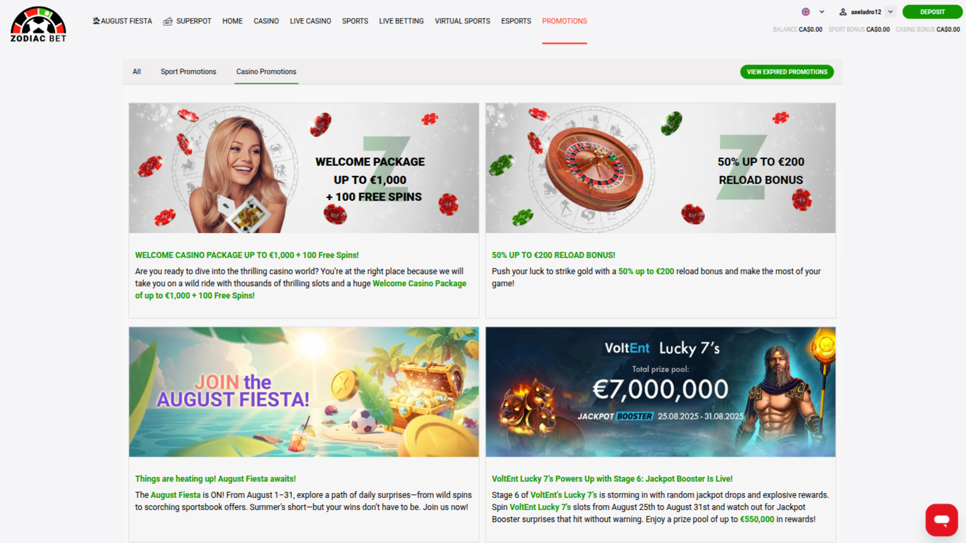 Promotions sur ordinateur de Zodiacbet Casino