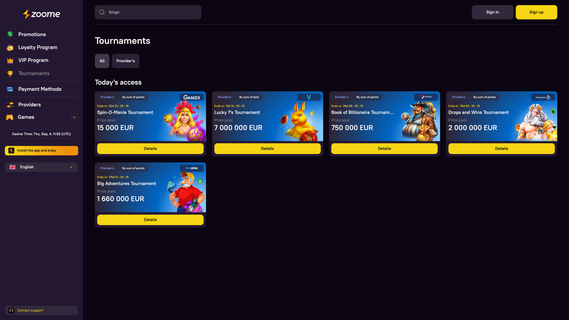 Zoome Casino Desktop Tournaments