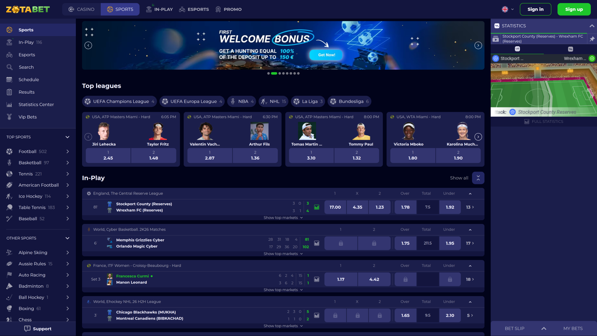 ZotaBet Casino Desktop Sportsbook
