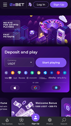 Página de inicio móvil de 0XBet Casino