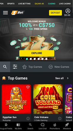 Página de inicio móvil de 1Bet Casino