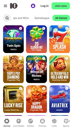 10Bet Casino mobile Spiele
