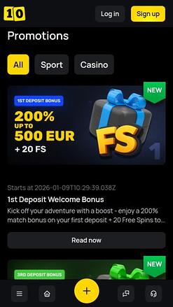 Page mobile des promotions du casino 10Black