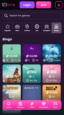 Bingo mobile de 123Spins Casino