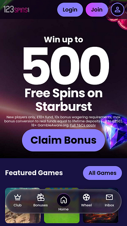 Página inicial do 123Spins Casino para dispositivos móveis