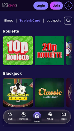 Cassino 123Spins para Dispositivos Móveis: Jogos de Mesa e Cartas
